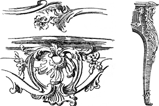 Ornate vintage illustration featuring decorative floral carvings and intricate scrollwork details