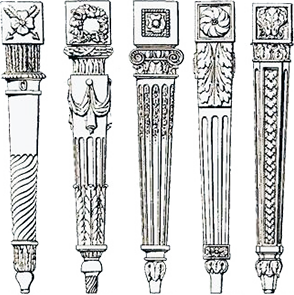 Illustration of five decorative classical column designs with intricate carvings and ornate details